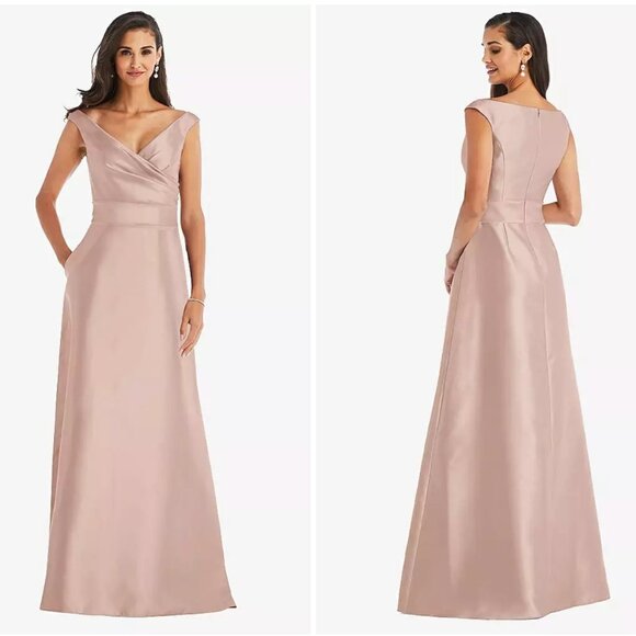 ALFRED SUNG‎ Off-the-Shoulder Draped Wrap Satin Maxi Dress Toasted Sugar 8 AS IS - Picture 1 of 11